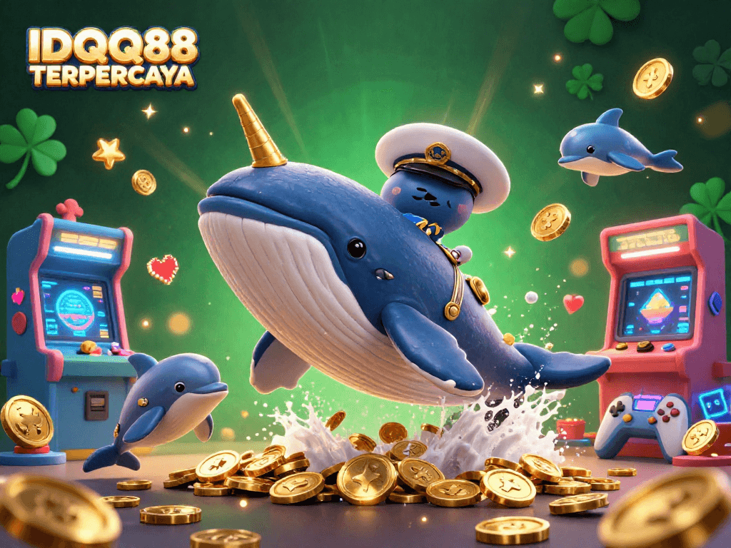 IDQQ88 TERPERCAYA showcases a cartoon whale and dolphins celebrating with poker chips amidst gold coins in a vibrant 3D illustration.