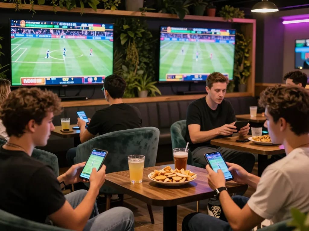 Engaged friends placing exciting RR88 sports bets together in a lively lounge setting.