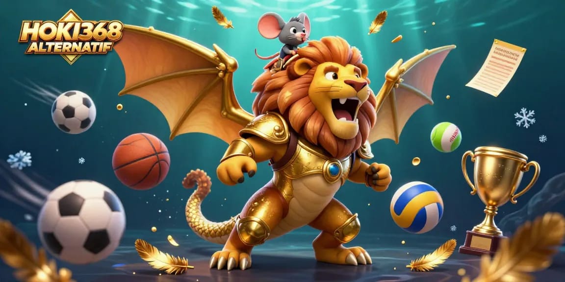 Experience thrilling wins with HOKI368 ALTERNATIF as gold coins and betting slips dance among sports balls.