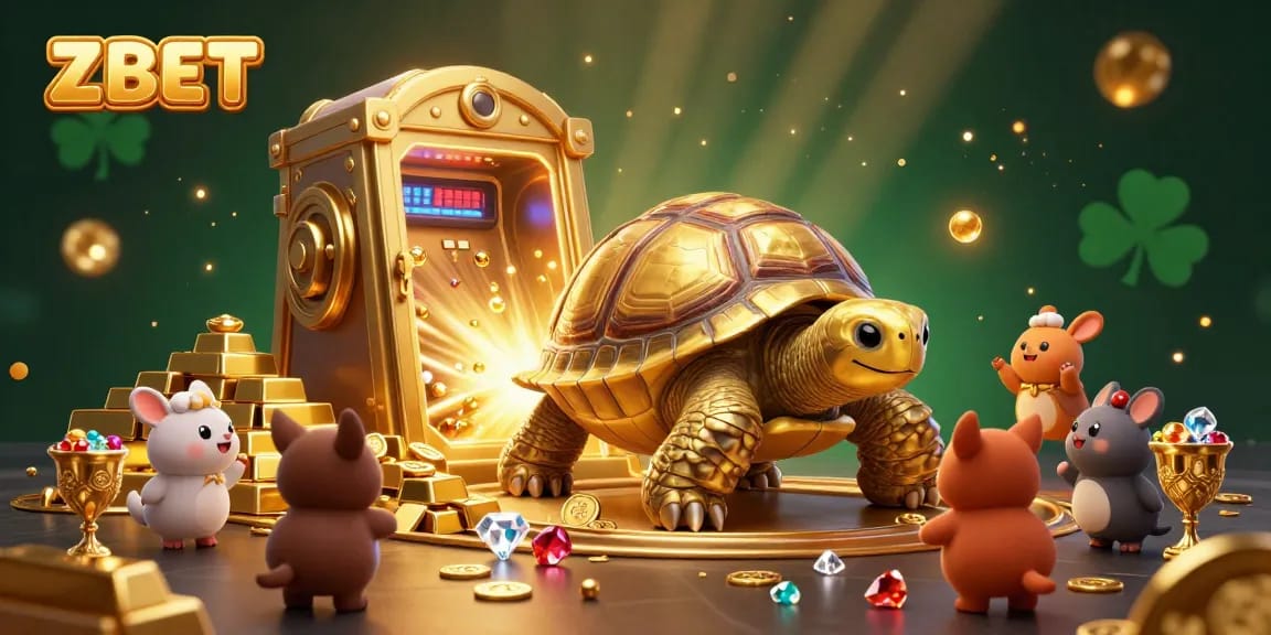 ZBET players engage in vibrant gambling fun with golden tortoise, gems, and cash-rich excitement.