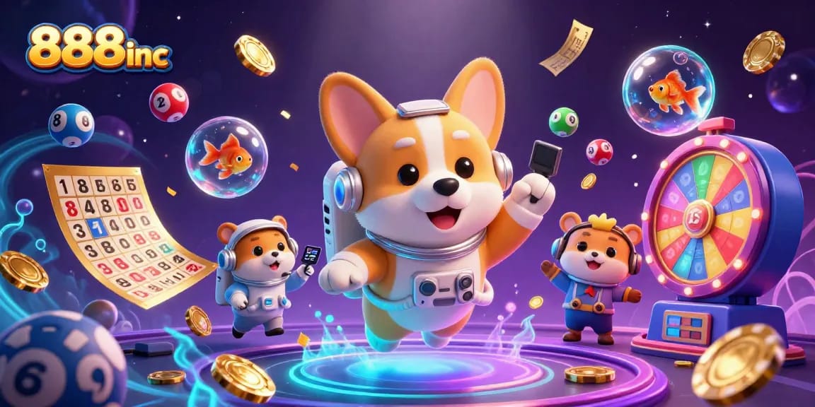 Experience wins at 888inc with a vibrant casino-themed 3D illustration featuring gambling elements.