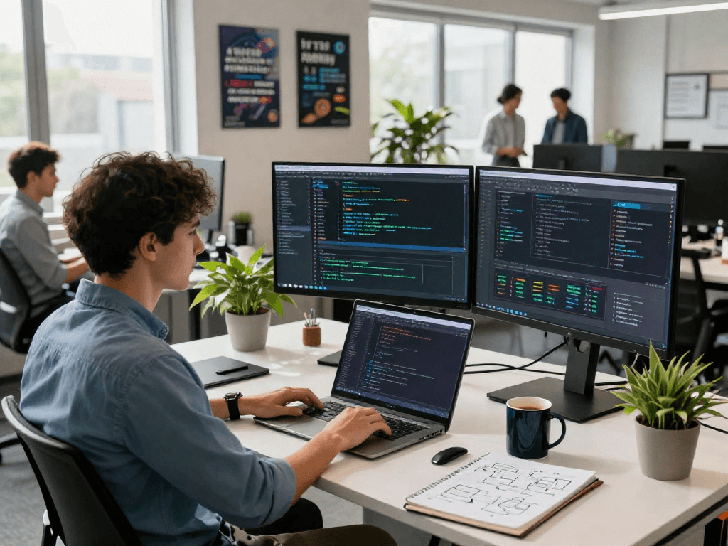 Detect AI image and content moderation in an innovative office setup showcasing advanced technology.