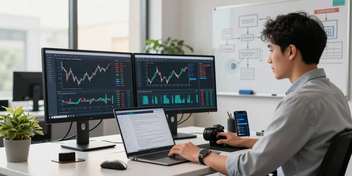 Developer utilizing financial data API at a modern office workstation with real-time charts and coding.