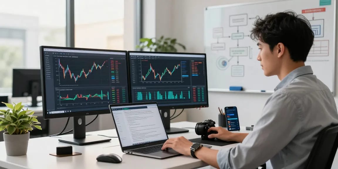Developer utilizing financial data API at a modern office workstation with real-time charts and coding.