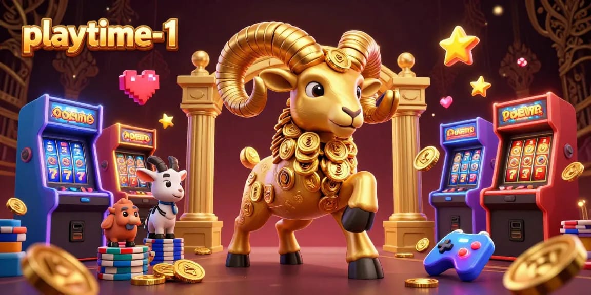 Engage with playtime-1's vibrant casino scene featuring dynamic slot elements and a golden ram.