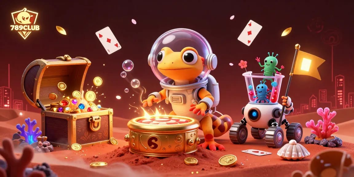 Experience the vibrant action at 789CLUB with alien characters discovering a golden casino!