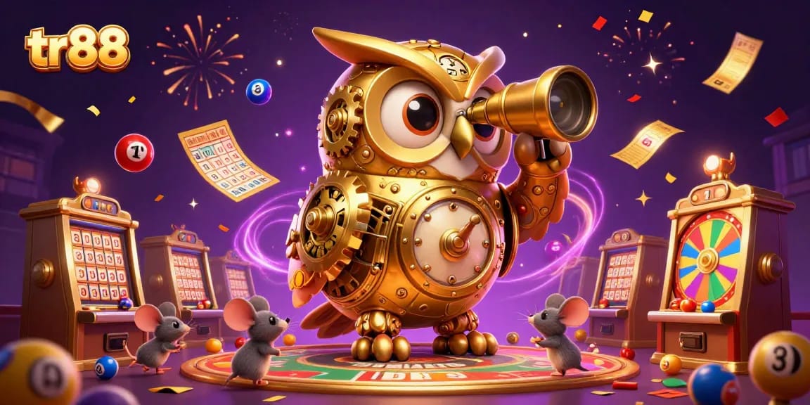 Experience the thrill of tr88 with a lively 3D casino scene showcasing an owl, mice, and festive elements.