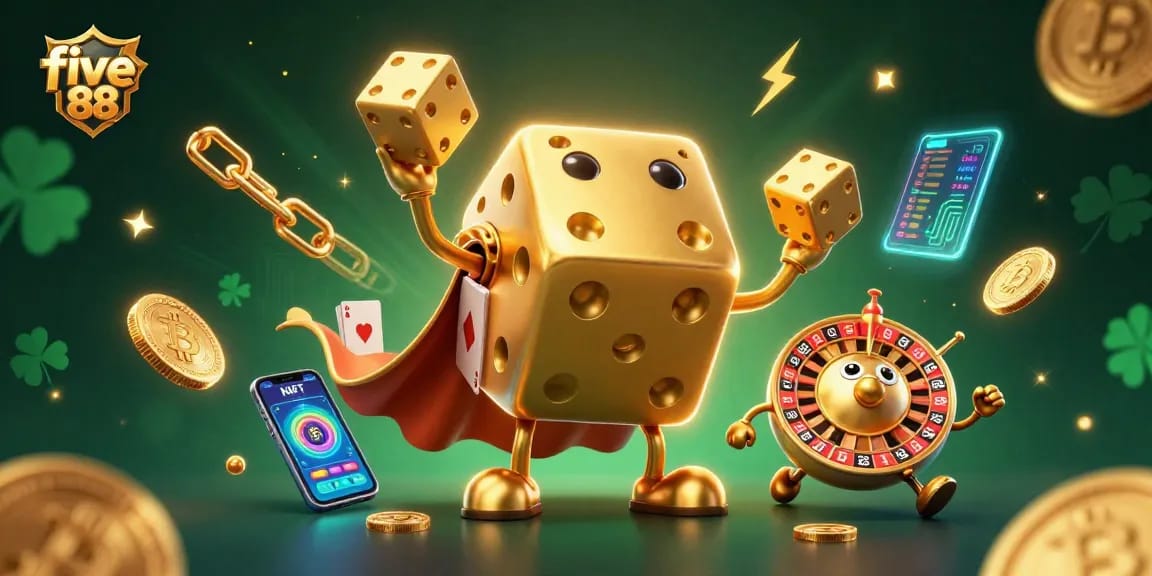 Engage with five 88 as the golden dice golem juggles treasures in an electrifying casino atmosphere.