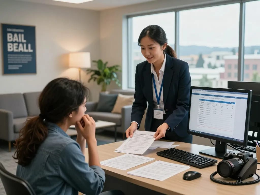 Bail Bonds professional assisting a distressed family in a modern office, creating a compassionate and supportive atmosphere.