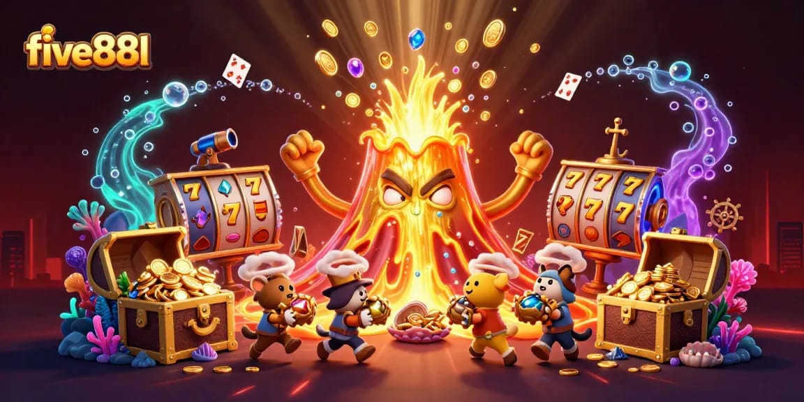 Engage in thrilling gameplay at five88l with golden treasures erupting from the volcano.