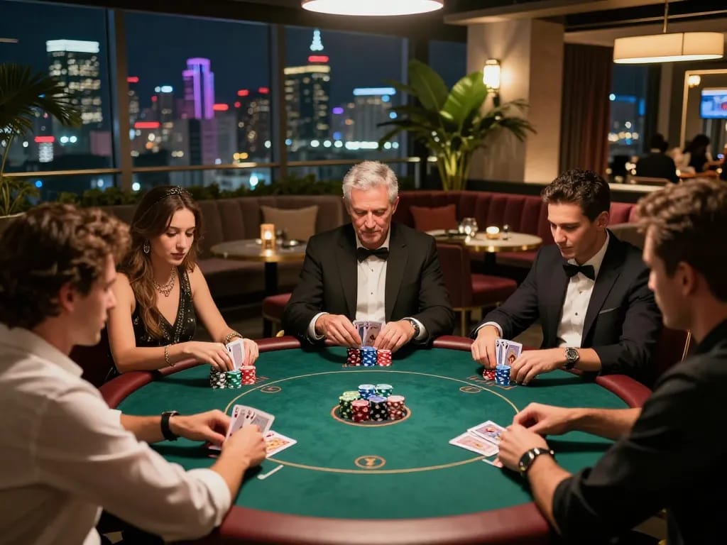 Players engaged in strategic poker gameplay at a glamorous rooftop lounge highlighting nohu 52 with city skyline.