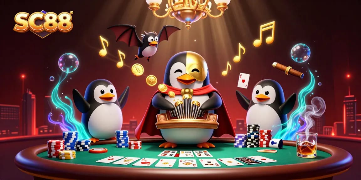 Experience thrilling SC88 poker action with a phantom opera penguin and vibrant game elements.