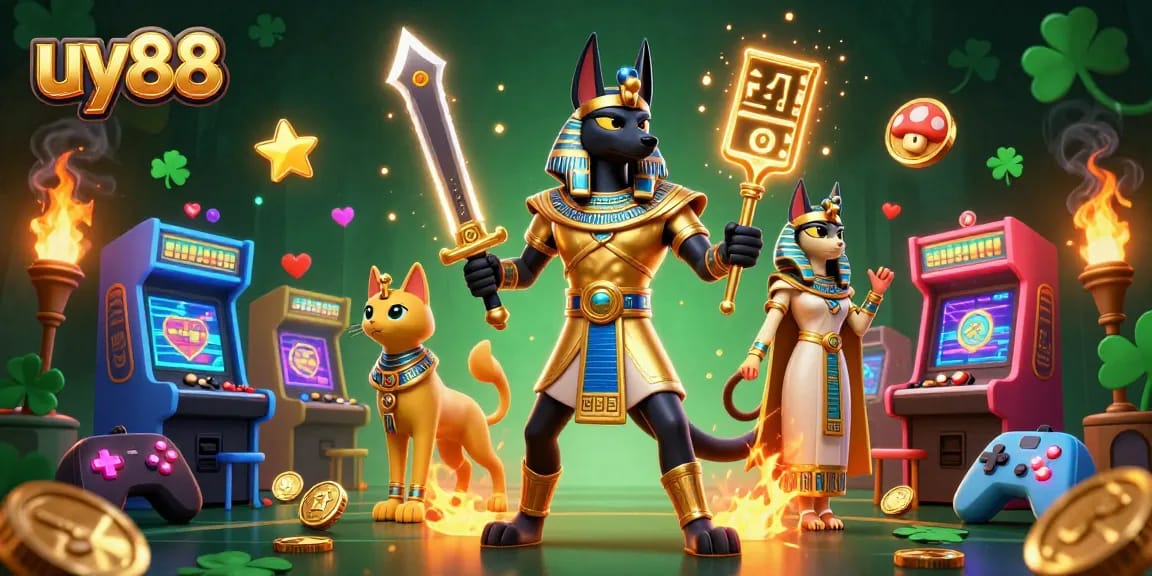 Engage in thrilling gaming adventures at uy88 with an ultra-detailed casino illustration depicting Anubis and Bastet.