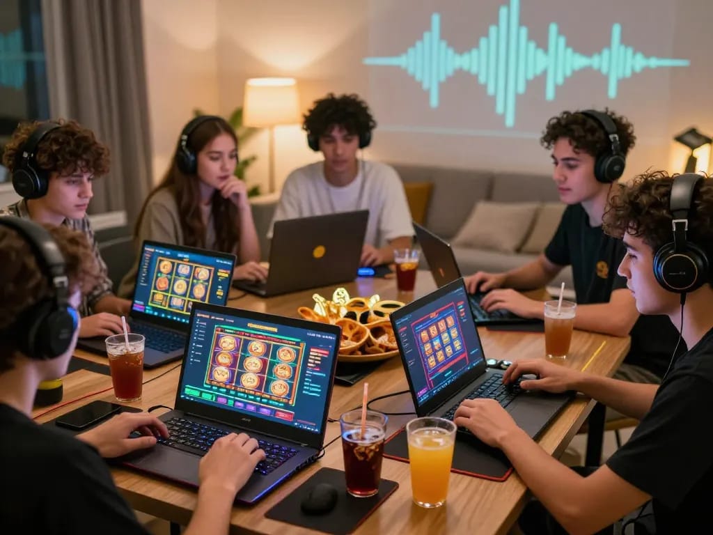 Players enjoying competitive gaming at https://73h.br.com/, engaging on laptops and mobile devices, vibrant gaming atmosphere.