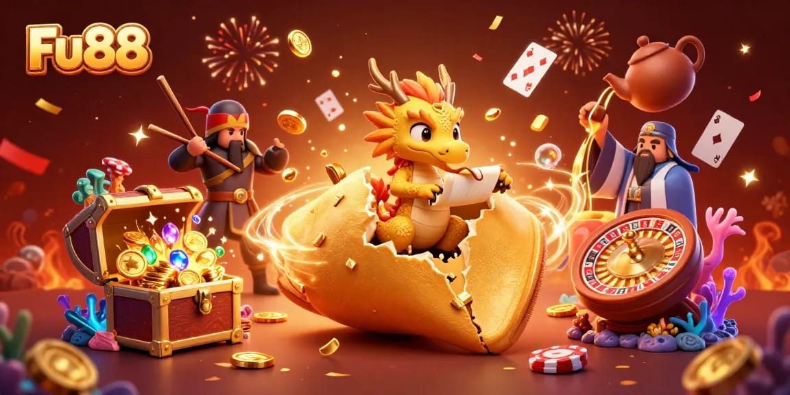 Fu88 engages players with a rich casino experience featuring a golden fortune cookie and dynamic elements.