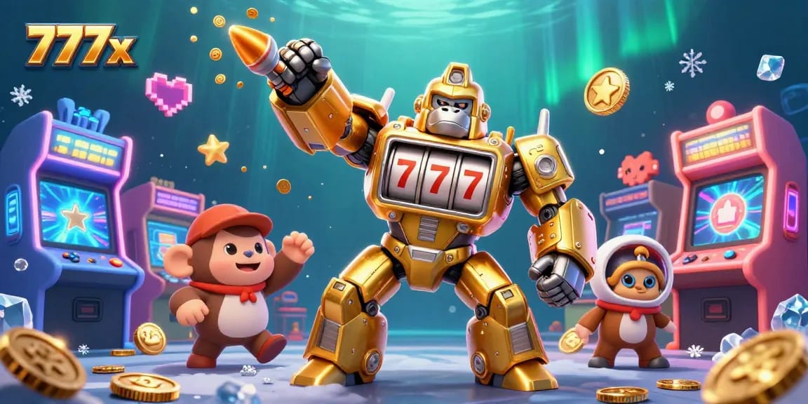 Play the thrilling 777x slot game with a golden gorilla mech in action, showcasing excitement.