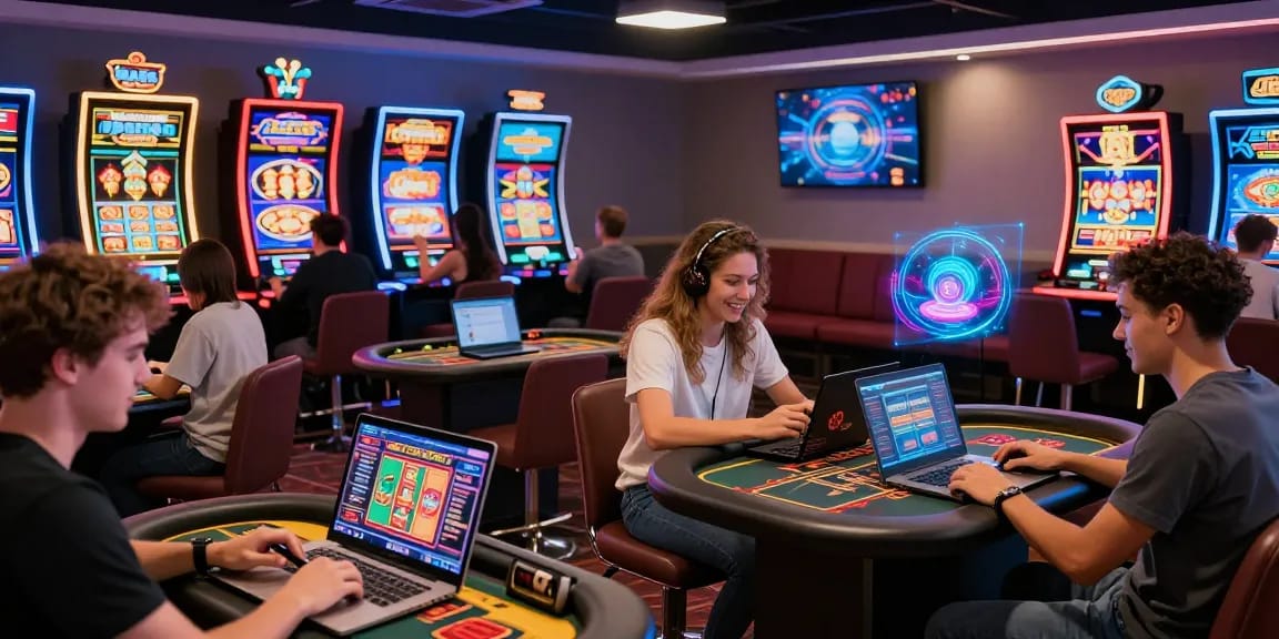 Players engaging with non UK casinos, showcasing vibrant online gambling games in a lively setting.