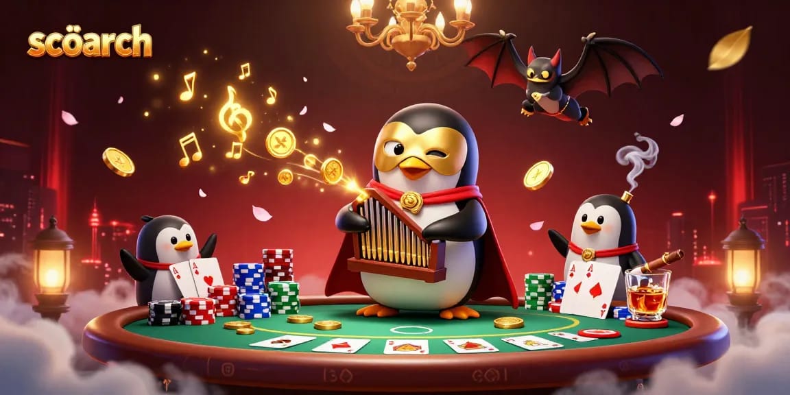 Experience thrilling gameplay at scoarch with a 3D casino scene featuring poker and golden coins.