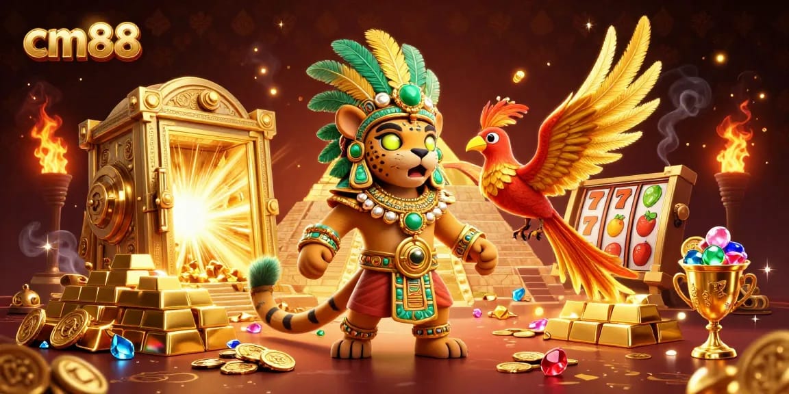 Experience thrilling action at cm88, featuring a vibrant 3D casino scene with wins and treasures.