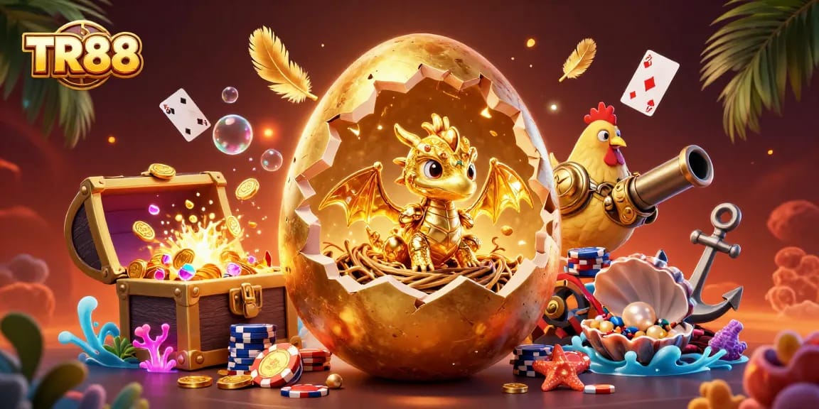 The TR88 gaming scene reveals a golden dragon emerging from a nest of poker chips amid vibrant casino elements.