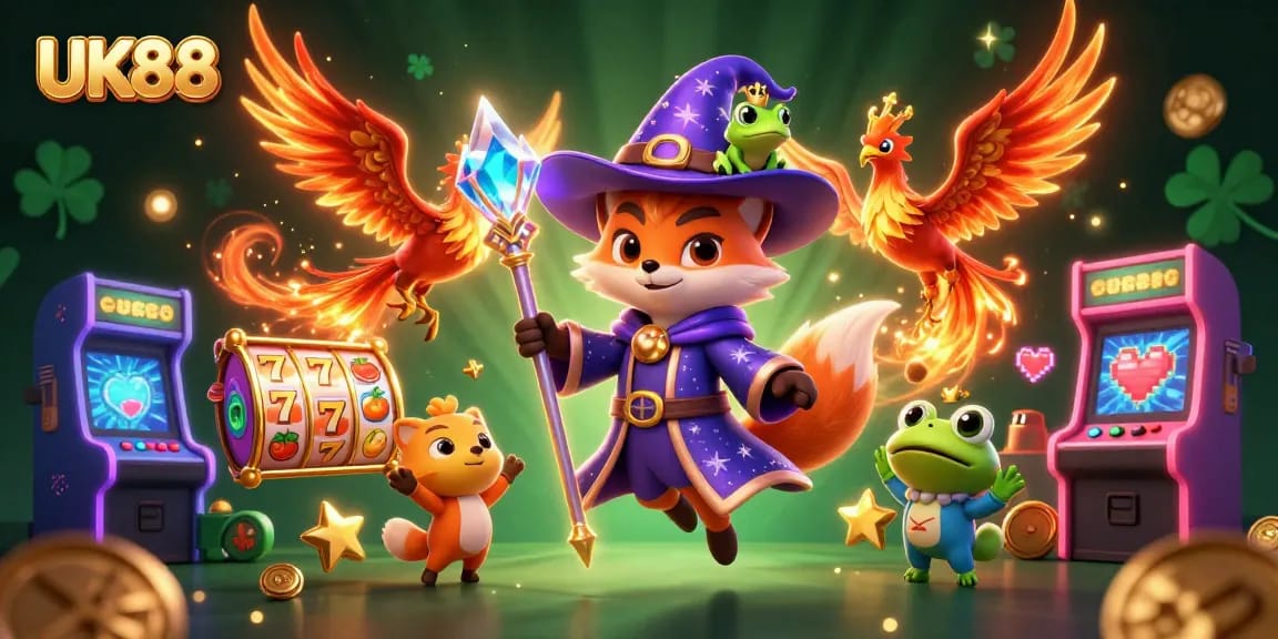 Engage in thrilling casino adventures with UK88, showcasing a mystical fox wizard amid vibrant game elements.