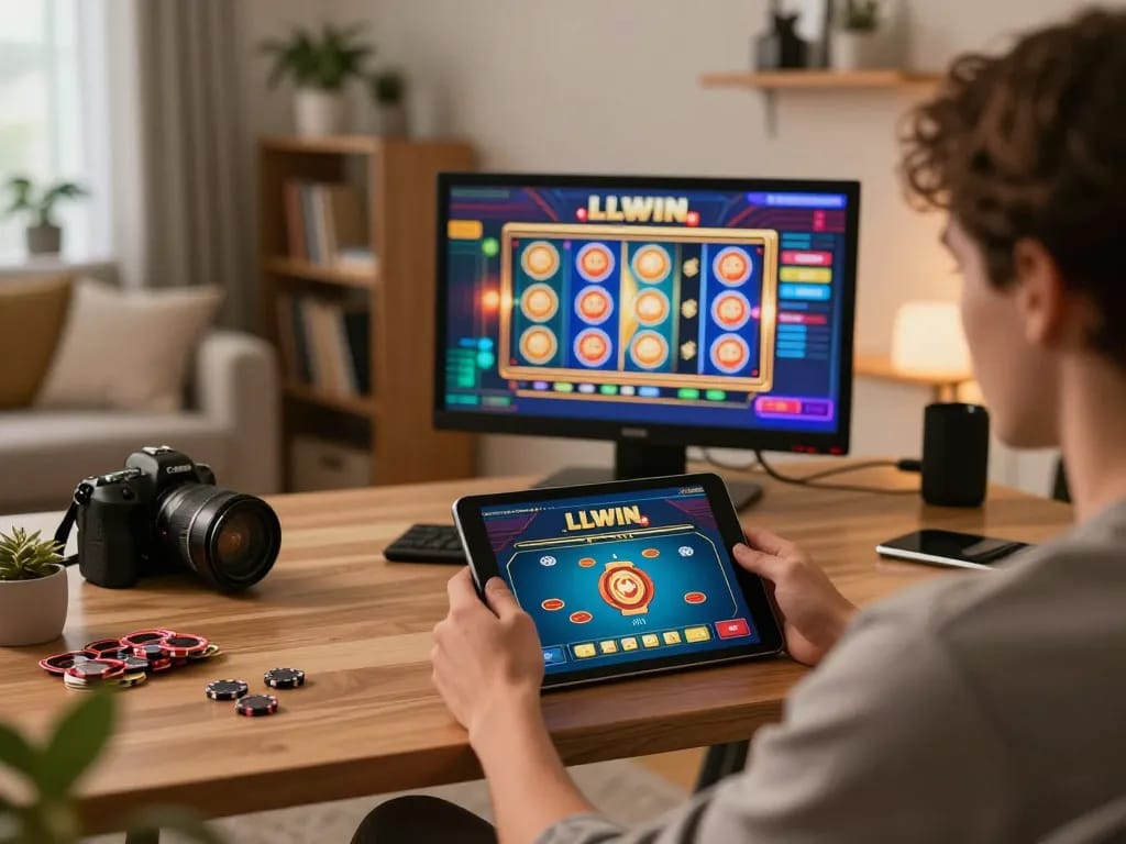 Engaged player enjoying LLWIN download on tablet in cozy home setting with strategic gaming.