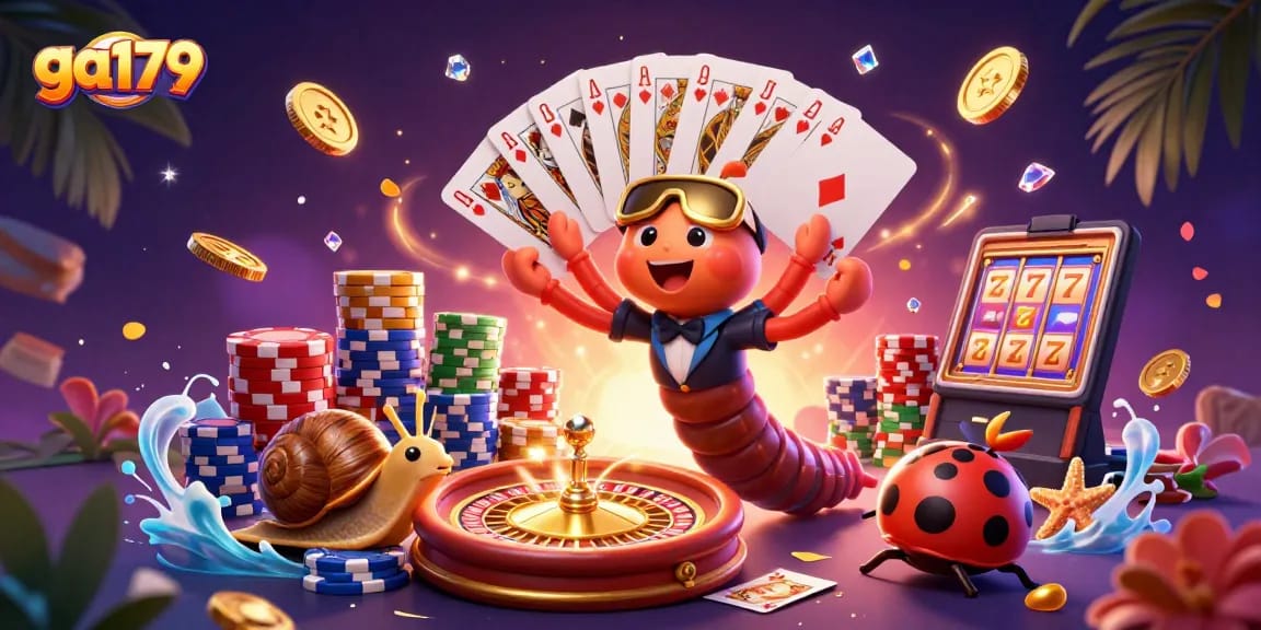 Join the excitement at ga179 with a lively casino illustration featuring a dealer and high-roller.