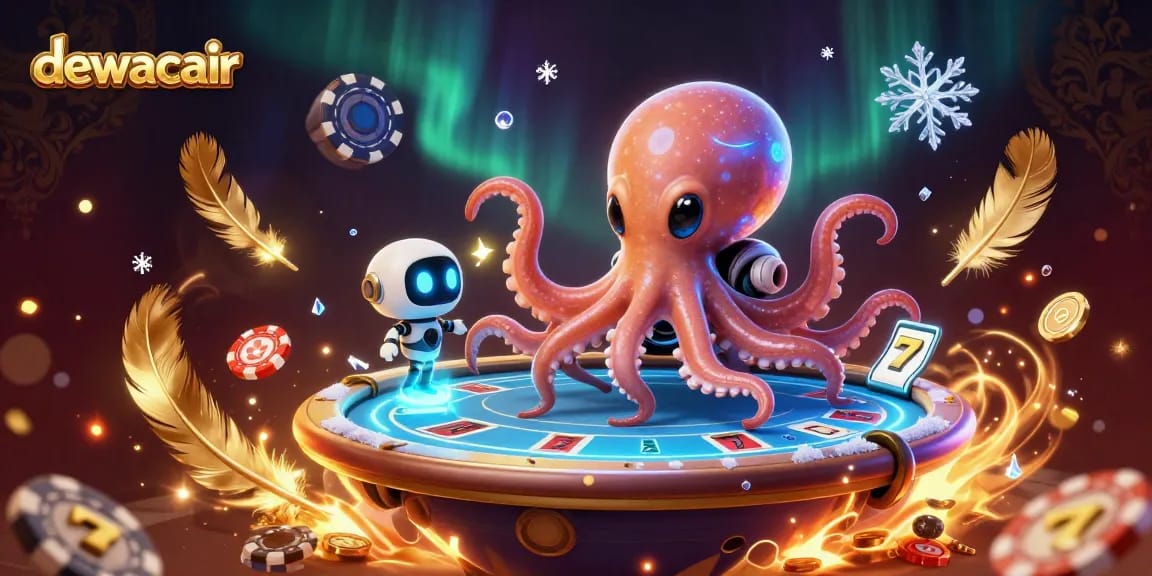 Dewacair showcases a fantastic casino scene with an alien octopus, holographic poker table, and swirling gold coins.