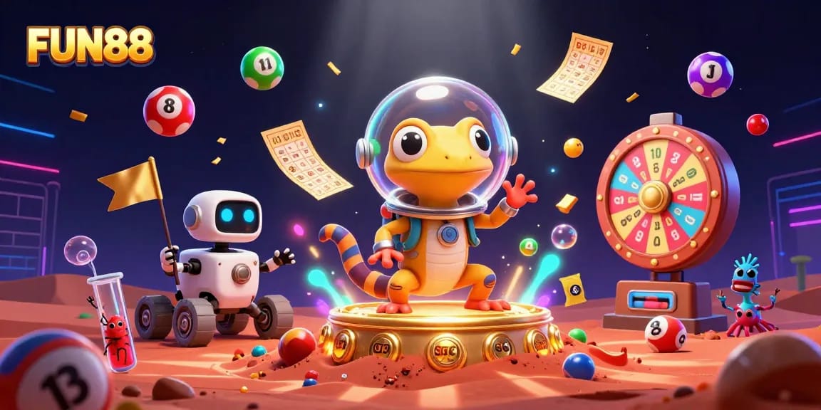 Experience thrilling fun with FUN88 as a Martian gecko uncovers a golden casino in space.