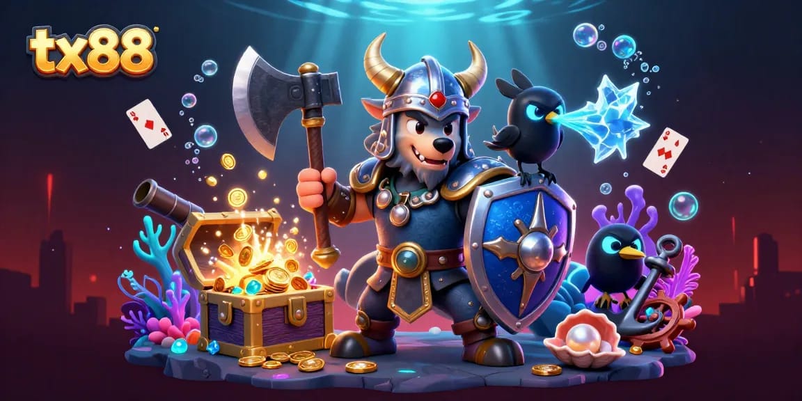 Engage with tx88 and immerse in a thrilling underwater casino adventure featuring a Viking warrior.