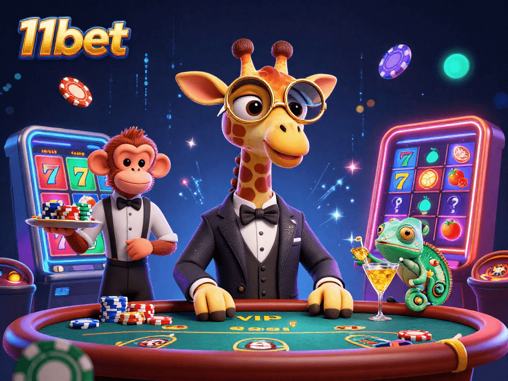 Engage in thrilling gameplay at 11bet with a vibrant 3D casino scene featuring animated characters.