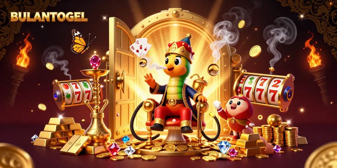 BULANTOGEL showcases a vibrant 3D scene with a hookah-master amidst spinning slots and treasures.