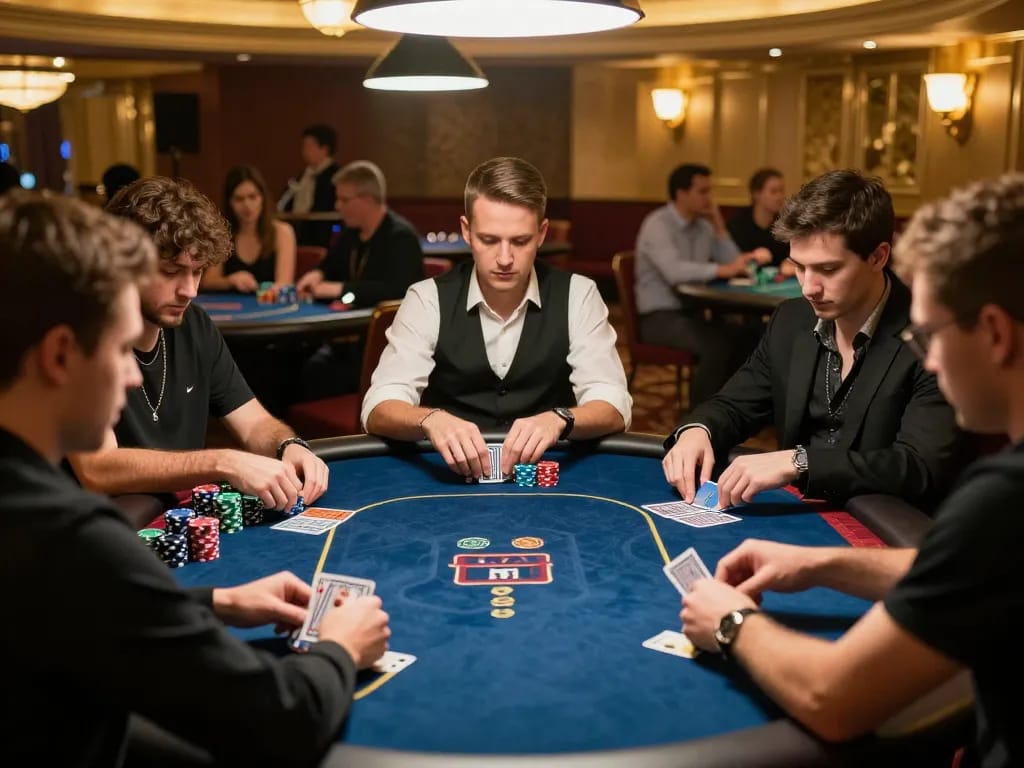 Engaged players at a professional poker table, referencing the hidden wiki for strategic insights.
