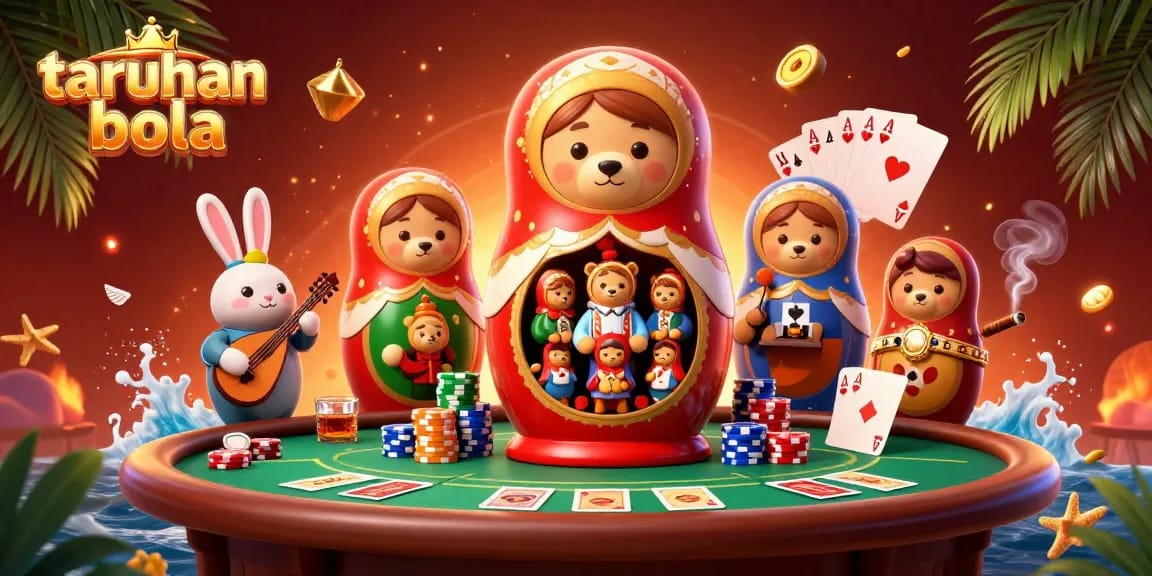 Engage in taruhan bola with vibrant casino scene featuring cartoon bears and poker elements.