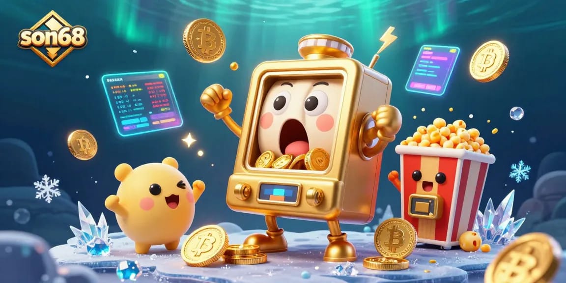 son68's golden slot machine hits a jackpot in an immersive casino scene with vibrant crypto elements.