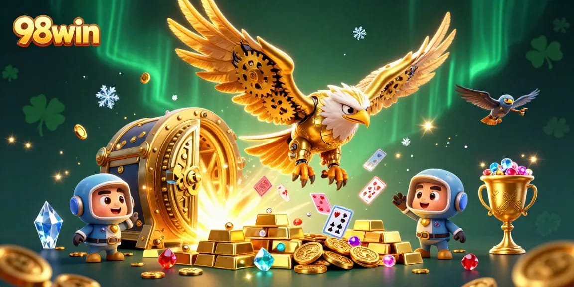 Experience the thrilling dive of a golden eagle in 98win's vibrant casino scene filled with treasure.