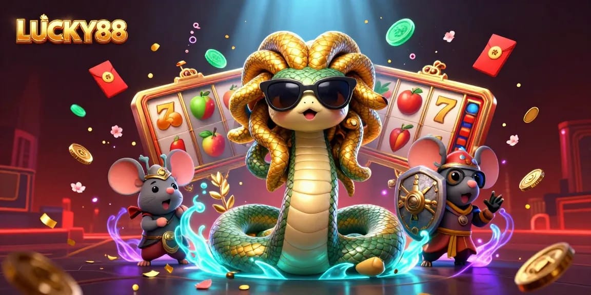 Experience the thrill of LUCKY88 with Medusa and a warrior mouse amidst a vibrant casino scene.