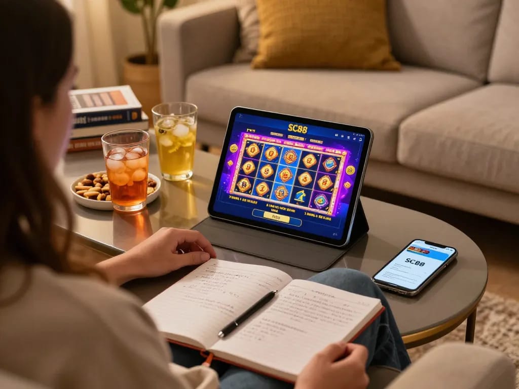 Player enjoys an exciting session on SC88 app while relaxing at home with snacks and notes