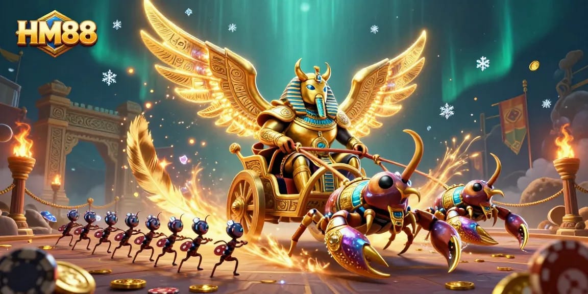 Engage with thrilling gaming at HM88, featuring a colossal golden scarab beetle amidst a dynamic casino scene.