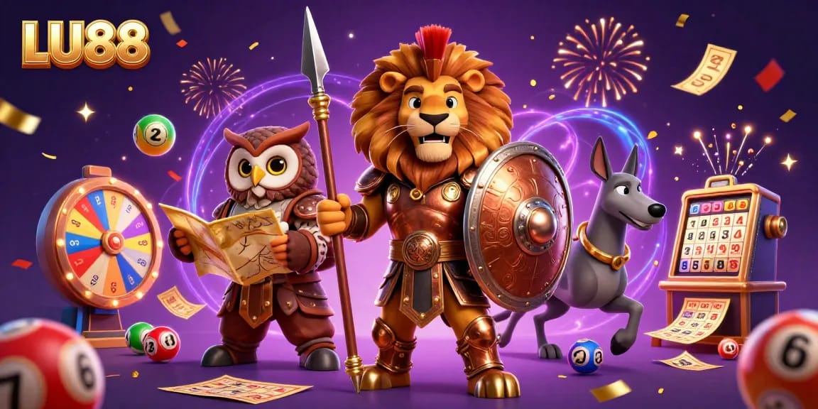 Spin and win with LU88 in this vibrant 3D casino illustration filled with dynamic lottery elements.