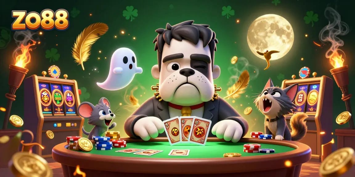 Experience thrilling gameplay at zo88 with a dynamic 3D casino illustration featuring cards and golden elements.