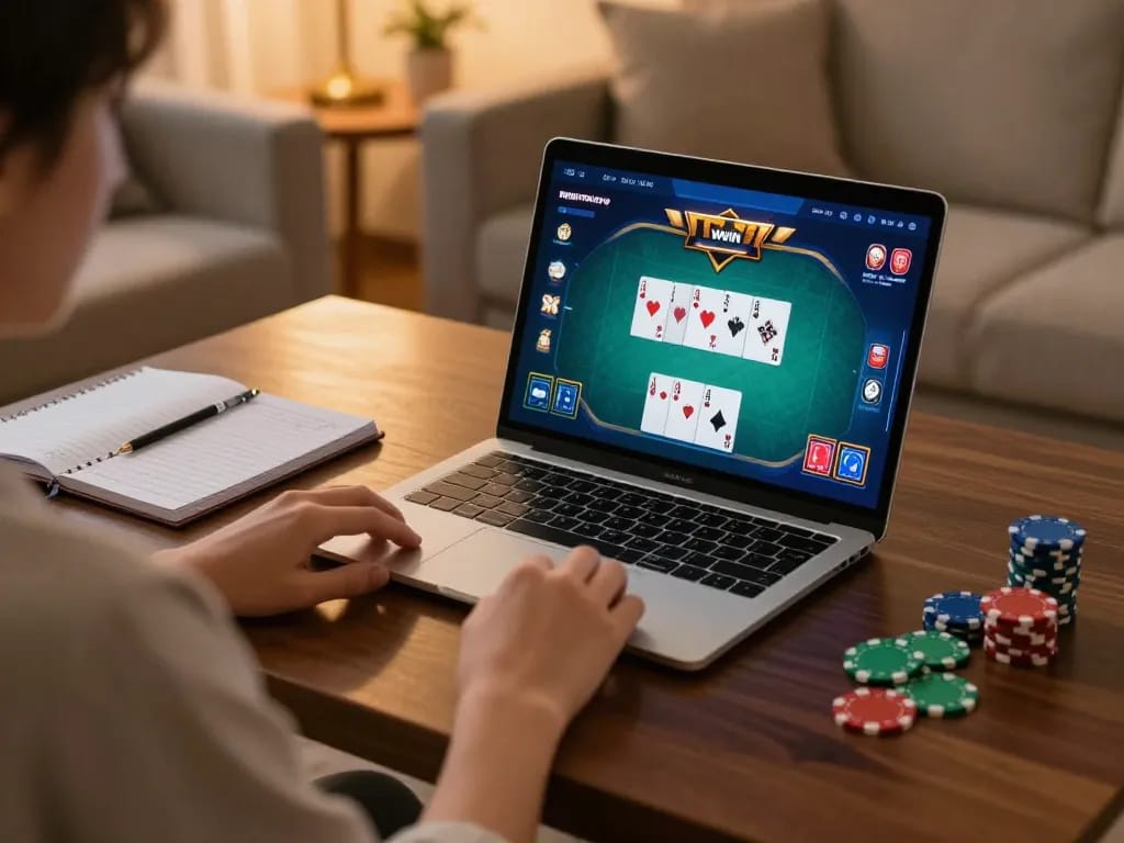 Player engaged in poker game strategy at trang chủ IWIN with a laptop in cozy living room
