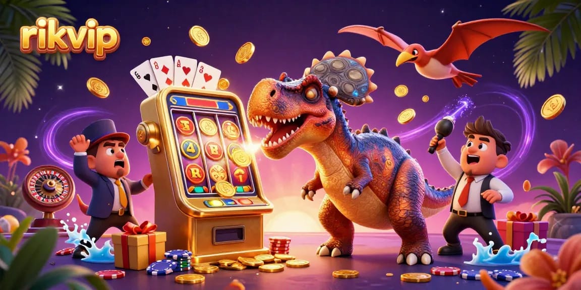 Experience the thrilling jackpot action at rikvip with a cartoon dino hitting a slot machine.