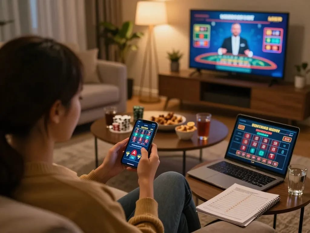 Hitclub player enjoying live dealer gaming on smartphone at home with cozy decor.