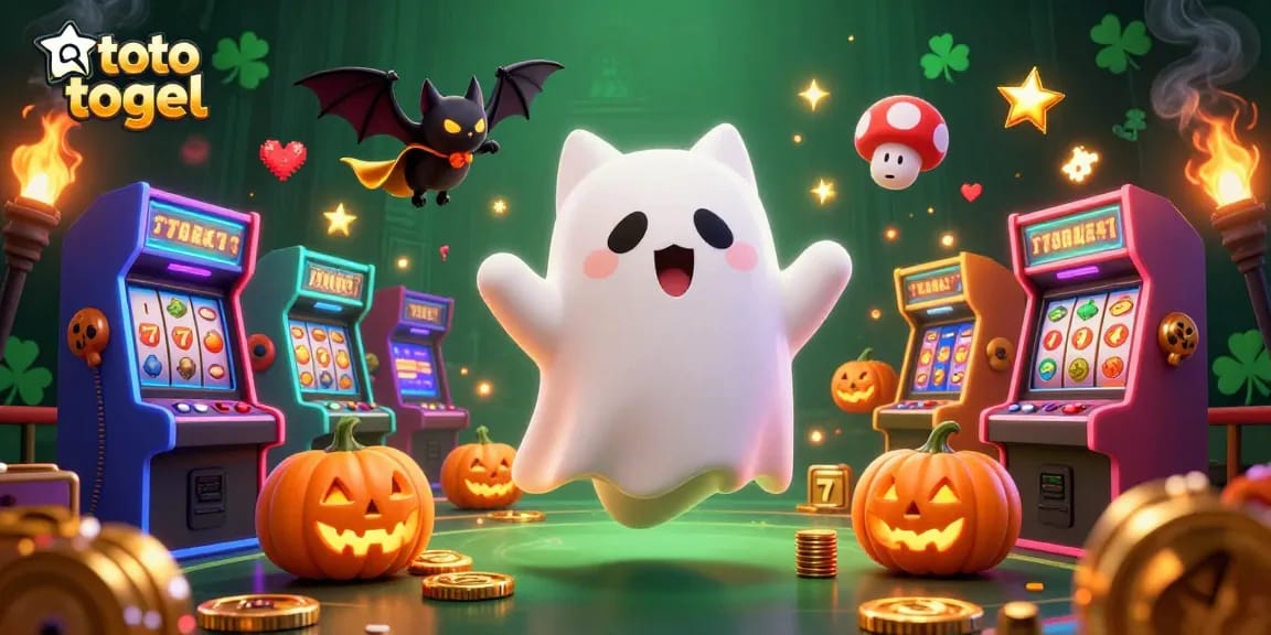 Engage in thrilling toto togel action with a haunted casino scene featuring a ghost cat and vampire bat.