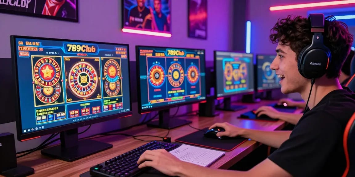 Engaging online gaming experience at 789Club with vibrant neon lights and a player immersed in the action.