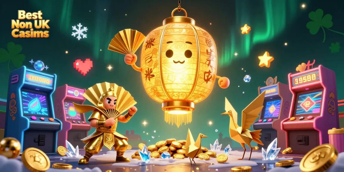 Explore the vibrant scene of the Best Non UK Casinos featuring golden lanterns and arcade elements.