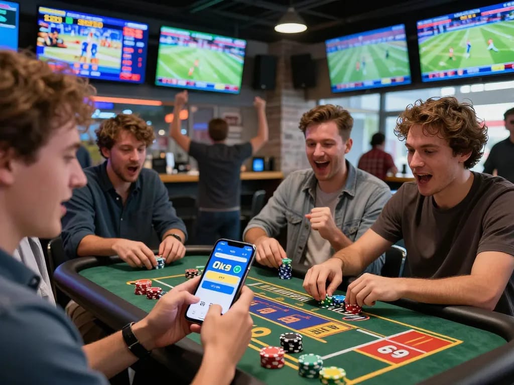 Fans enthusiastically engage in sports betting using the Ok9 app amidst lively sports bar atmosphere