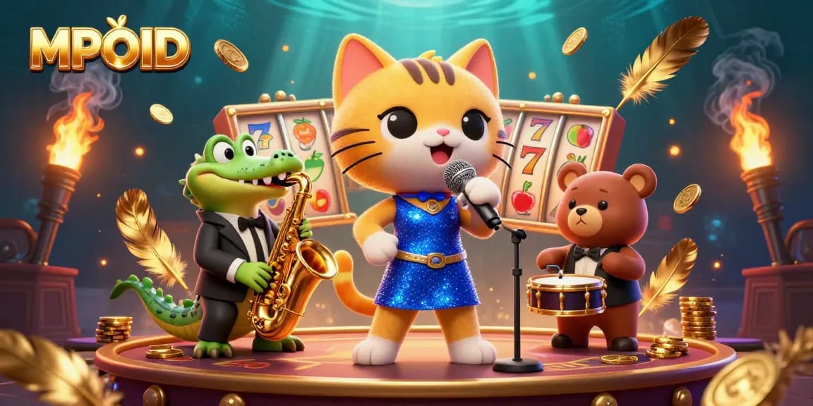 MPOID showcases a vibrant casino scene with lively characters and slot reels in action.