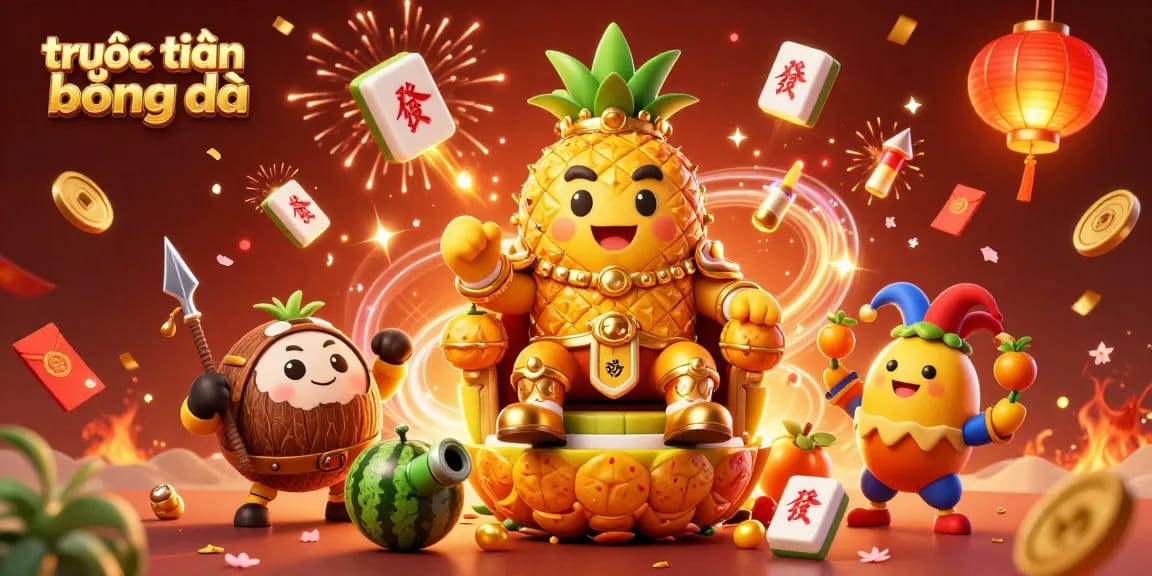 Experience exciting trực tiếp bóng đá with a dynamic scene featuring a golden pineapple king, coconut guards, and festive elements.